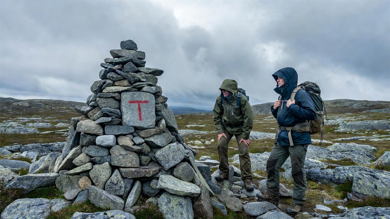 Two hikers with backpacks pausing near a stone cairn marked with a red T in rocky Scandinavian terrain