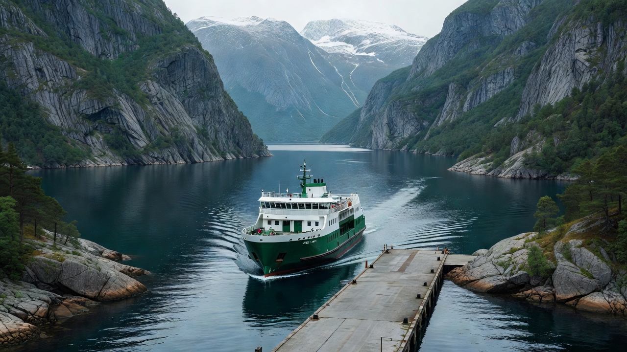 A green and white vehicle ferry approaching a concrete slipway in a quiet Norwegian fjord
