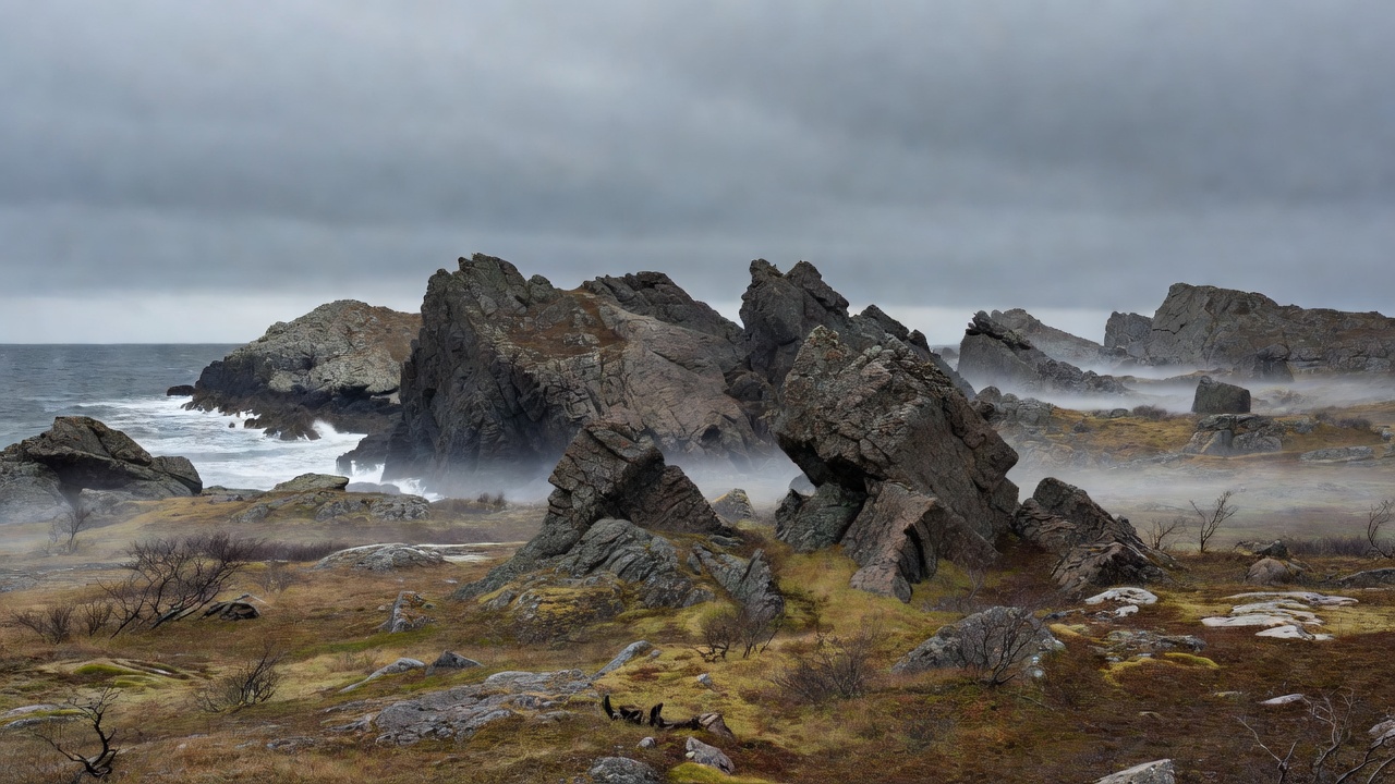 Barren arctic rock formations along the Barents Sea coast on the Varanger Peninsula